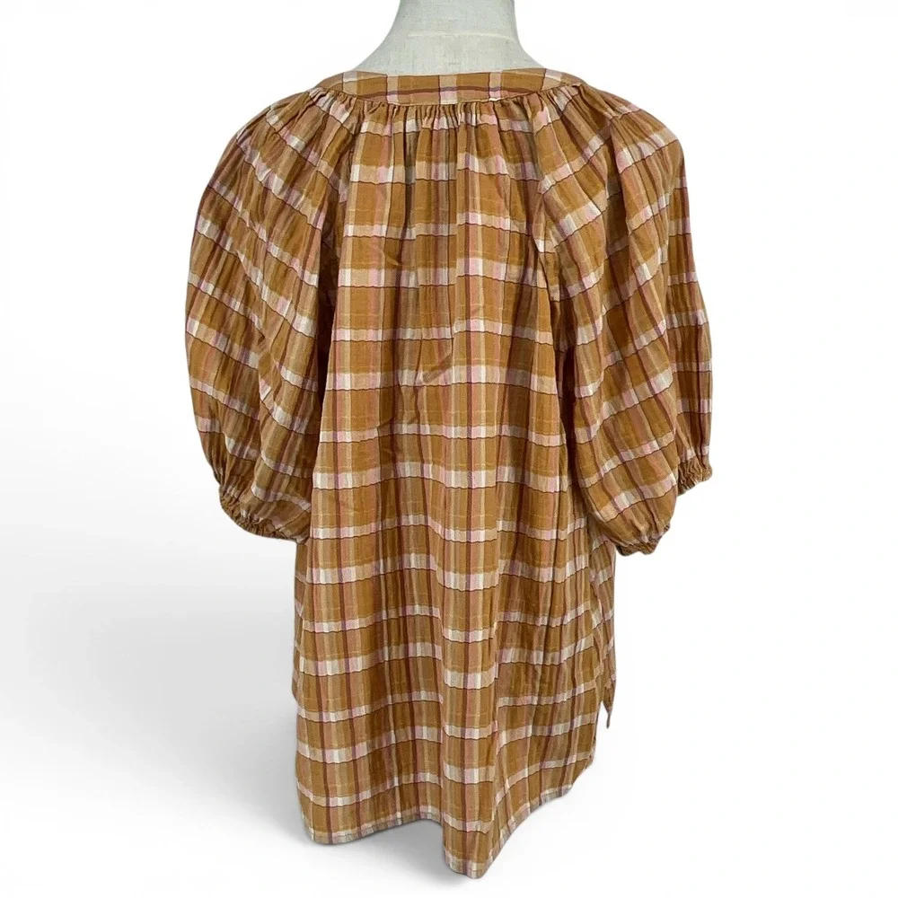 LOFT‎ Mustard Yellow Plaid Puff Sleeve Tie Neck Blouse Top Large Boho Cotton